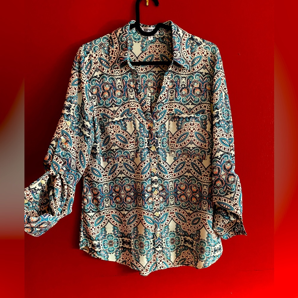 Buttoned Down Whimsical Patterned Blouse, Size M - image 1